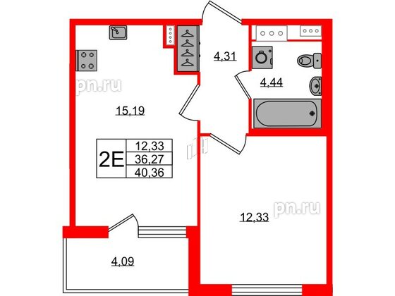 Квартира в ЖК Югтаун, 1 комнатная, 36.27 м², 4 этаж