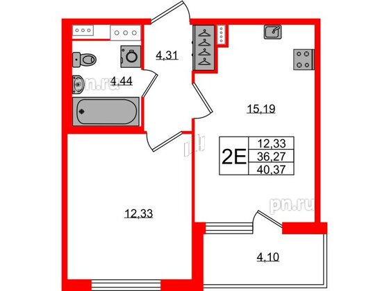 Квартира в ЖК Югтаун, 1 комнатная, 36.27 м², 3 этаж