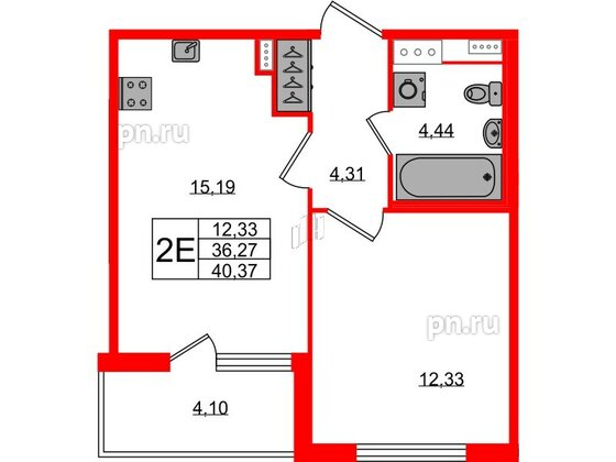 Квартира в ЖК Югтаун, 1 комнатная, 36.27 м², 2 этаж