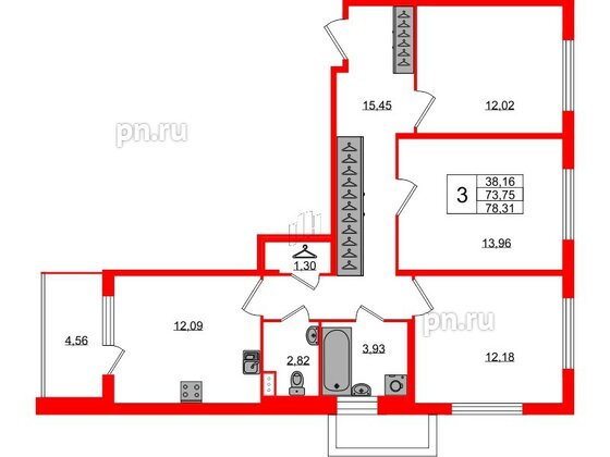 Квартира в ЖК Югтаун, 3 комнатная, 73.75 м², 1 этаж