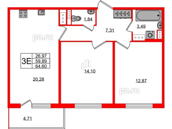 Квартира в ЖК Югтаун, 2 комнатная, 59.89 м², 2 этаж