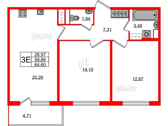 Квартира в ЖК Югтаун, 2 комнатная, 59.89 м², 4 этаж