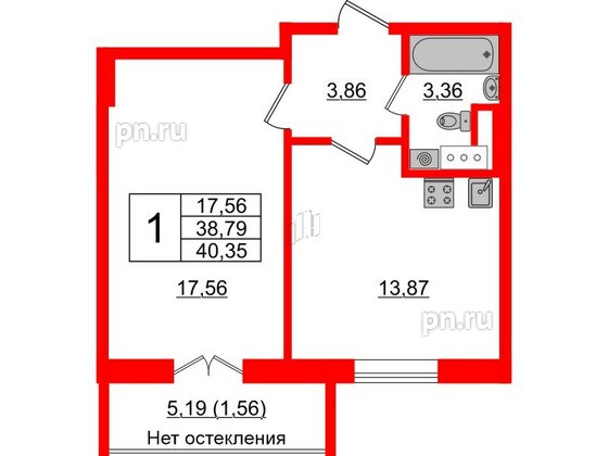 Квартира в ЖК Sertolovo Park, 1 комнатная, 40.35 м², 6 этаж