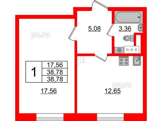 Квартира в ЖК Sertolovo Park, 1 комнатная, 38.78 м², 1 этаж