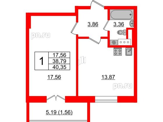 Квартира в ЖК Sertolovo Park, 1 комнатная, 40.35 м², 6 этаж