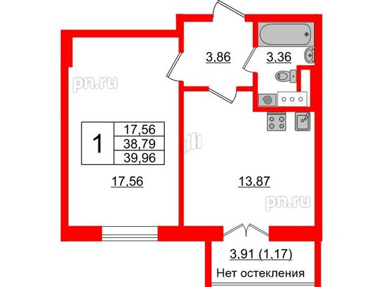 Квартира в ЖК Sertolovo Park, 1 комнатная, 39.96 м², 7 этаж