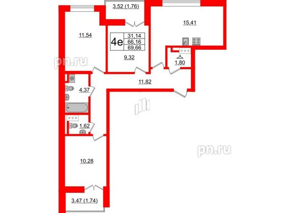 Квартира в ЖК Sertolovo Park, 3 комнатная, 69.66 м², 6 этаж