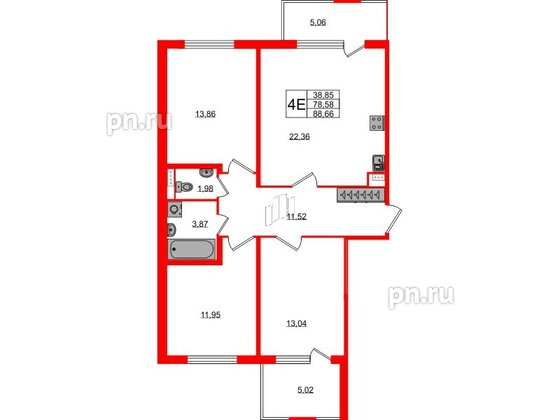 Квартира в ЖК Югтаун, 3 комнатная, 78.58 м², 1 этаж