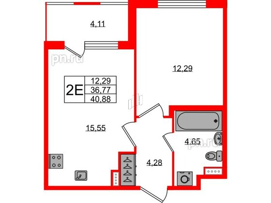 Квартира в ЖК Югтаун, 1 комнатная, 36.77 м², 1 этаж