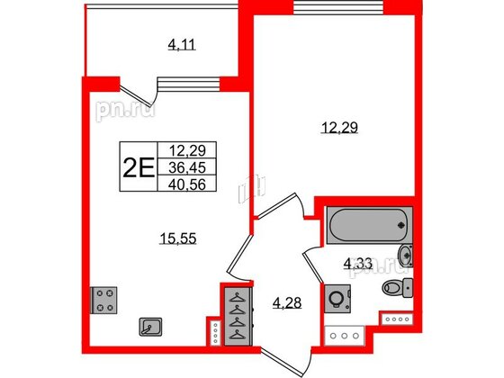 Квартира в ЖК Югтаун, 1 комнатная, 36.45 м², 3 этаж