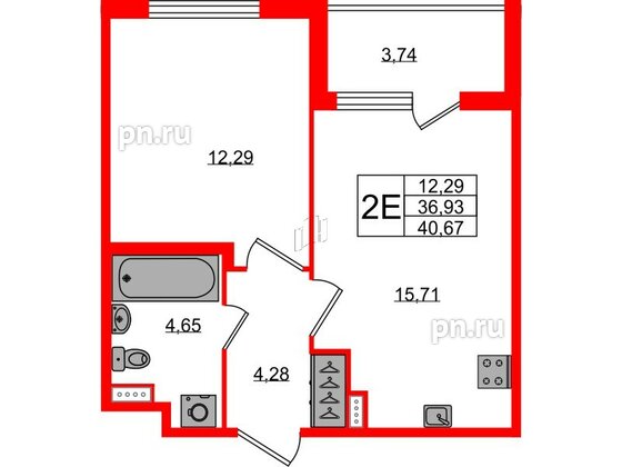 Квартира в ЖК Югтаун, 1 комнатная, 36.93 м², 1 этаж