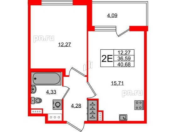 Квартира в ЖК Югтаун, 1 комнатная, 36.59 м², 2 этаж