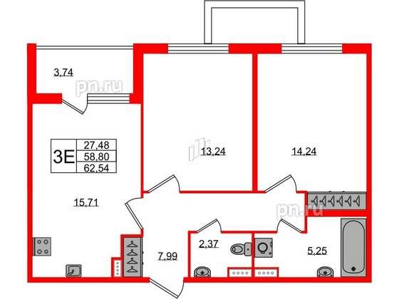 Квартира в ЖК Югтаун, 2 комнатная, 58.8 м², 1 этаж