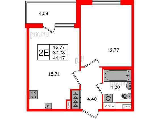 Квартира в ЖК Югтаун, 1 комнатная, 37.08 м², 2 этаж