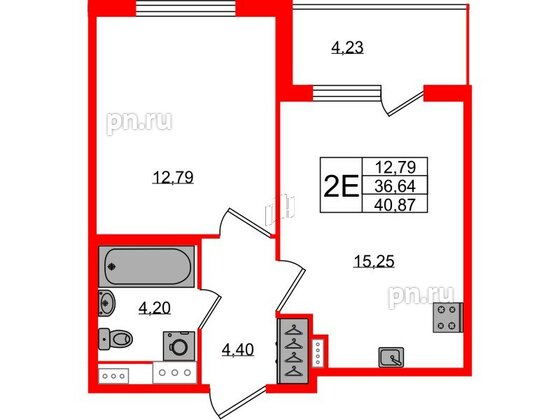 Квартира в ЖК Югтаун, 1 комнатная, 36.64 м², 2 этаж