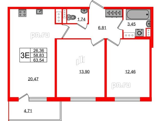 Квартира в ЖК Югтаун, 2 комнатная, 58.83 м², 3 этаж