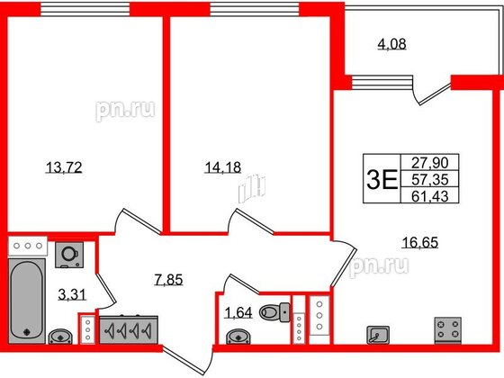 Квартира в ЖК Югтаун, 2 комнатная, 57.35 м², 2 этаж