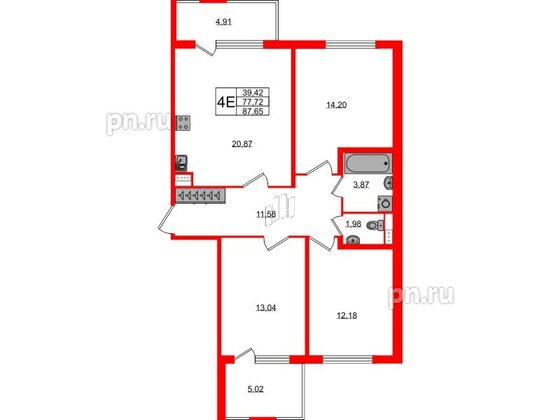 Квартира в ЖК Югтаун, 3 комнатная, 77.72 м², 1 этаж