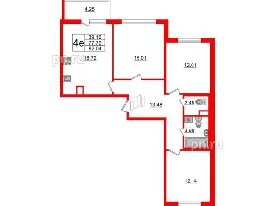 Квартира в ЖК ЯСНО.ЯНИНО, 3 комнатная, 82.04 м², 1 этаж