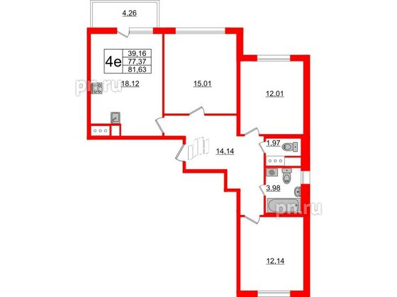 Квартира в ЖК ЯСНО.ЯНИНО, 3 комнатная, 81.63 м², 3 этаж