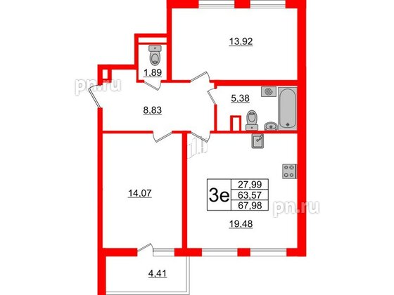 Квартира в ЖК ЯСНО.ЯНИНО, 2 комнатная, 67.98 м², 1 этаж