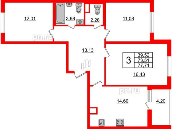 Квартира в ЖК ЯСНО.ЯНИНО, 3 комнатная, 77.71 м², 1 этаж