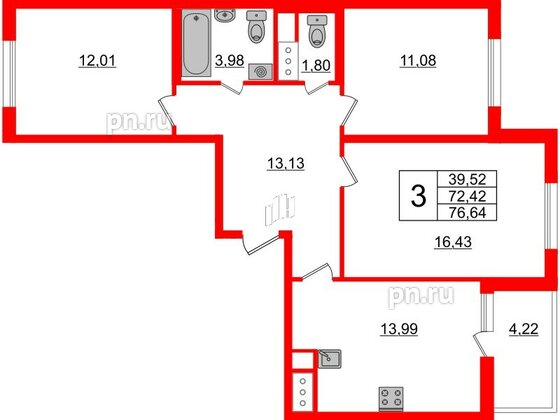 Квартира в ЖК ЯСНО.ЯНИНО, 3 комнатная, 76.64 м², 5 этаж