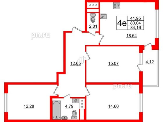 Квартира в ЖК ЯСНО.ЯНИНО, 3 комнатная, 84.16 м², 2 этаж