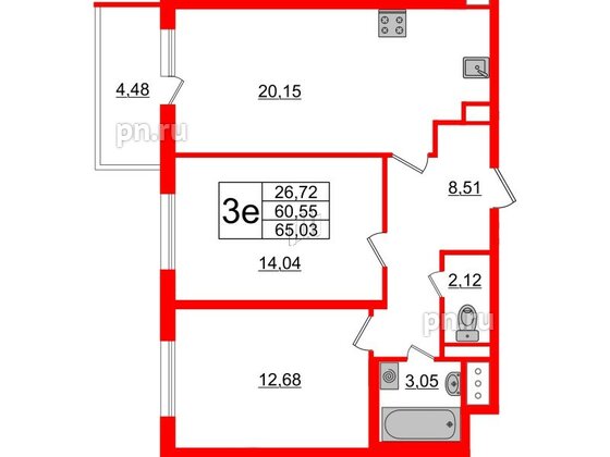 Квартира в ЖК ЯСНО.ЯНИНО, 2 комнатная, 65.03 м², 3 этаж