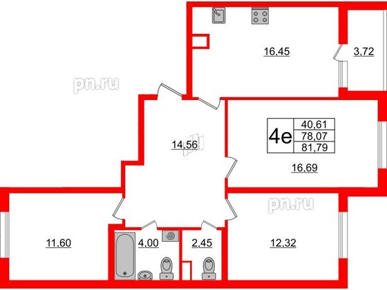 Квартира в ЖК ЯСНО.ЯНИНО, 3 комнатная, 81.79 м², 1 этаж