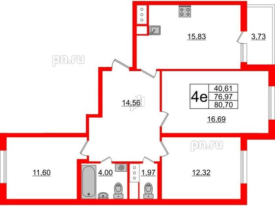 Квартира в ЖК ЯСНО.ЯНИНО, 3 комнатная, 80.7 м², 3 этаж