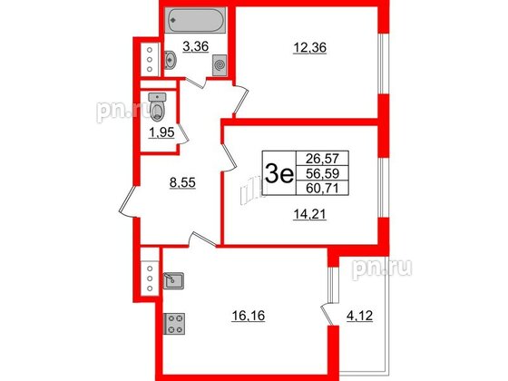 Квартира в ЖК ЯСНО.ЯНИНО, 2 комнатная, 60.71 м², 6 этаж