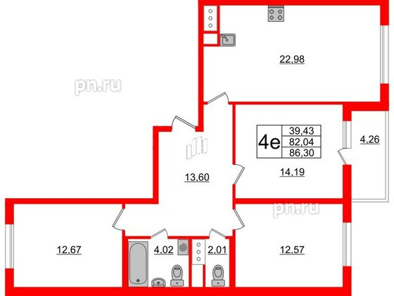 Квартира в ЖК ЯСНО.ЯНИНО, 3 комнатная, 86.3 м², 2 этаж