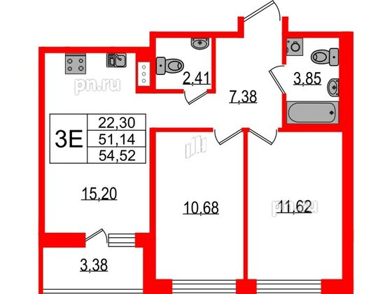 Квартира в ЖК ЦДС Parkolovo, 2 комнатная, 54.52 м², 2 этаж