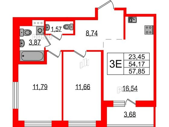 Квартира в ЖК ЦДС Parkolovo, 2 комнатная, 57.85 м², 2 этаж