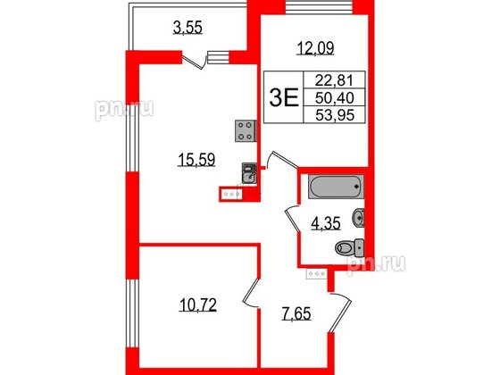 Квартира в ЖК ЦДС Parkolovo, 2 комнатная, 53.95 м², 2 этаж