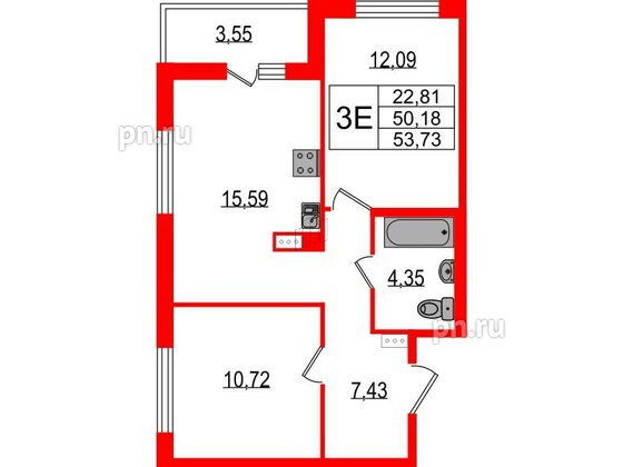 Квартира в ЖК ЦДС Parkolovo, 2 комнатная, 53.73 м², 6 этаж