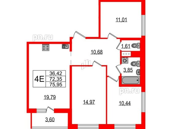 Квартира в ЖК ЦДС Parkolovo, 3 комнатная, 75.95 м², 4 этаж