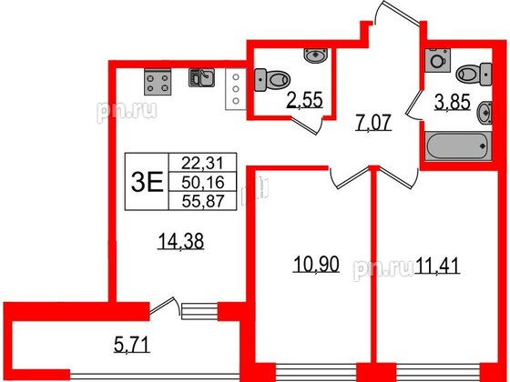 Квартира в ЖК ЦДС Parkolovo, 2 комнатная, 55.87 м², 3 этаж