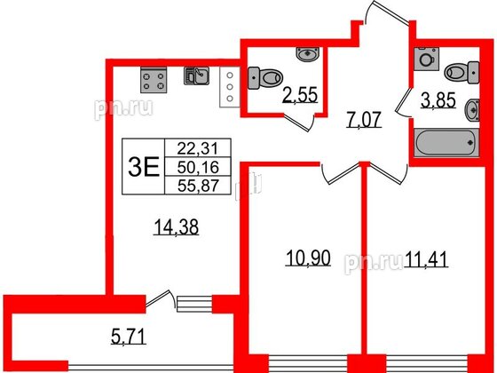 Квартира в ЖК ЦДС Parkolovo, 2 комнатная, 55.87 м², 7 этаж