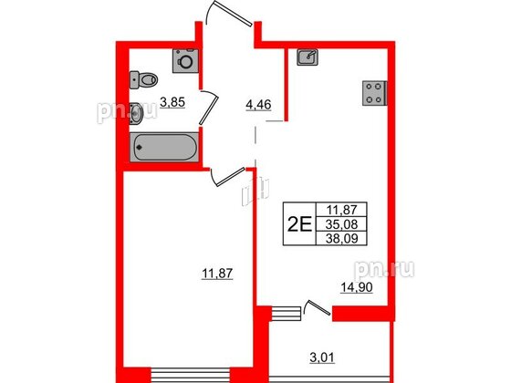 Квартира в ЖК ЦДС Parkolovo, 1 комнатная, 38.09 м², 2 этаж