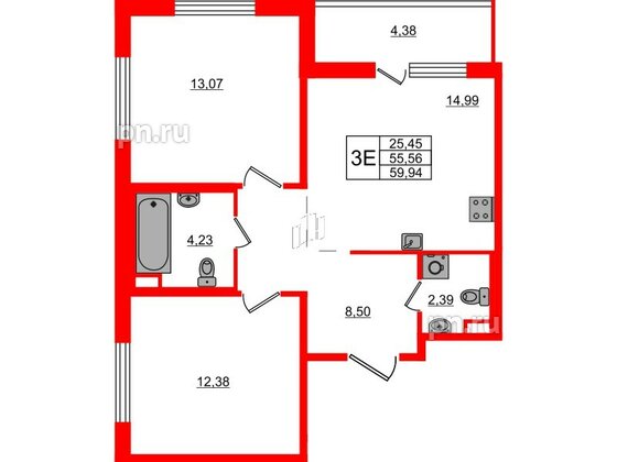 Квартира в ЖК ЦДС Parkolovo, 2 комнатная, 59.94 м², 2 этаж