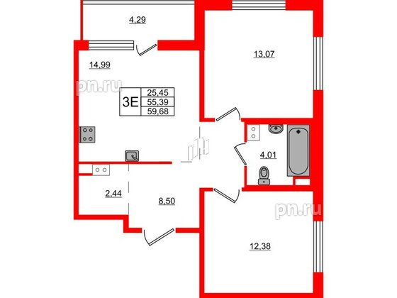 Квартира в ЖК ЦДС Parkolovo, 2 комнатная, 59.68 м², 6 этаж