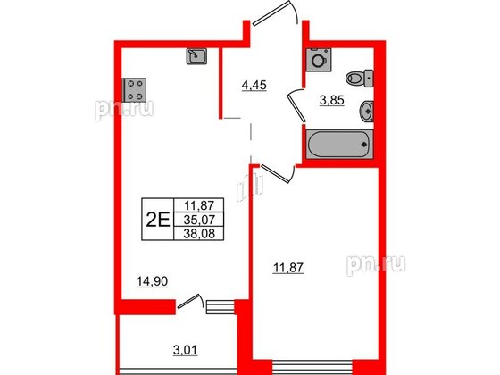 Квартира в ЖК ЦДС Parkolovo, 1 комнатная, 38.08 м², 3 этаж