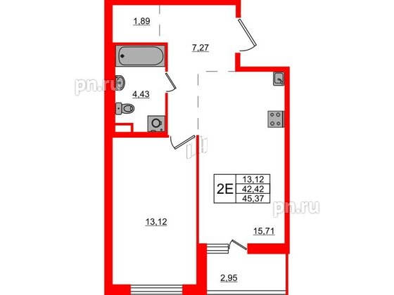 Квартира в ЖК ЦДС Parkolovo, 1 комнатная, 45.37 м², 2 этаж