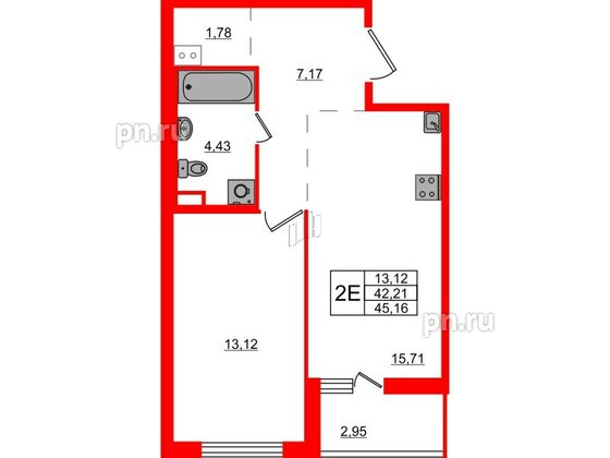 Квартира в ЖК ЦДС Parkolovo, 1 комнатная, 45.16 м², 12 этаж