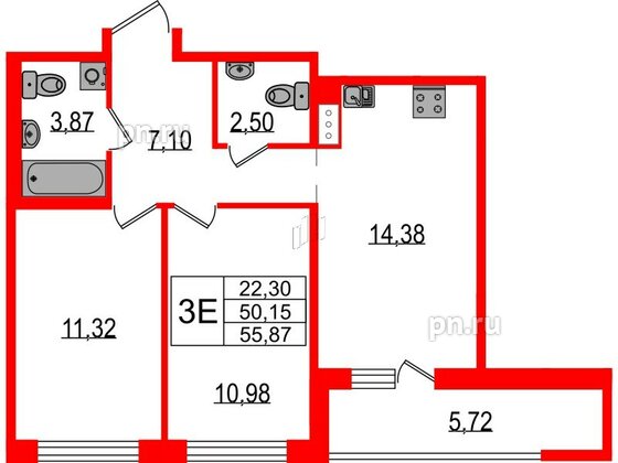 Квартира в ЖК ЦДС Parkolovo, 2 комнатная, 55.87 м², 3 этаж