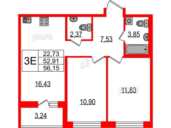 Квартира в ЖК ЦДС Parkolovo, 2 комнатная, 56.15 м², 2 этаж