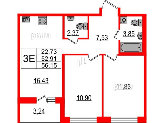 Квартира в ЖК ЦДС Parkolovo, 2 комнатная, 56.15 м², 3 этаж