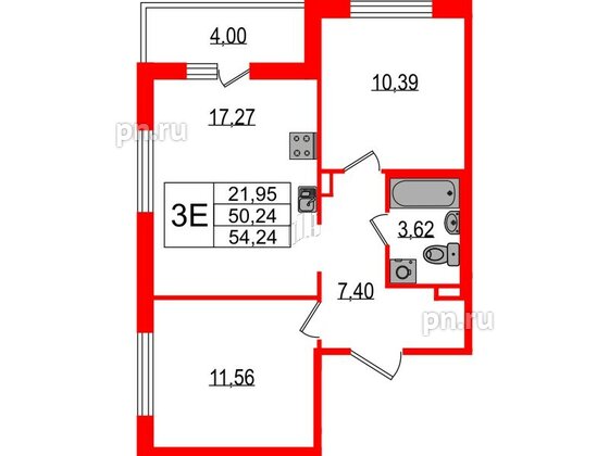 Квартира в ЖК ЦДС Parkolovo, 2 комнатная, 54.24 м², 2 этаж